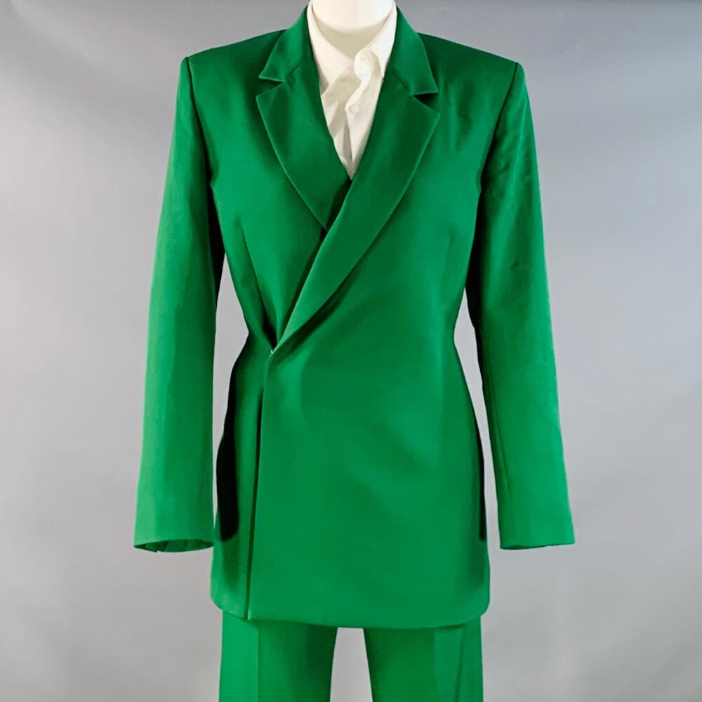 EGONLAB 34 Green Wool Asymmetrical Double Breasted Tailored Fit Notch Lapel Suit